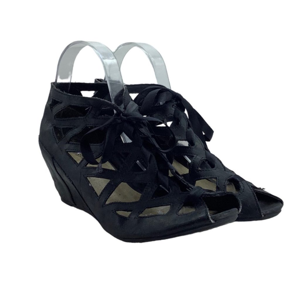 Call It Spring Lace Up Wedge Sandals Black‎ Leather Women Size 7